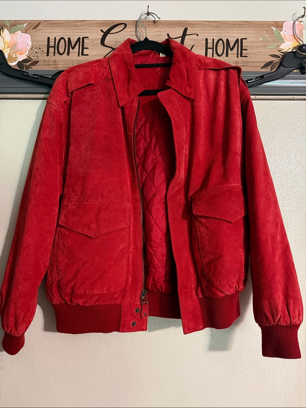 Vintage Copper Key Red Suede Bomber Jacket - Women